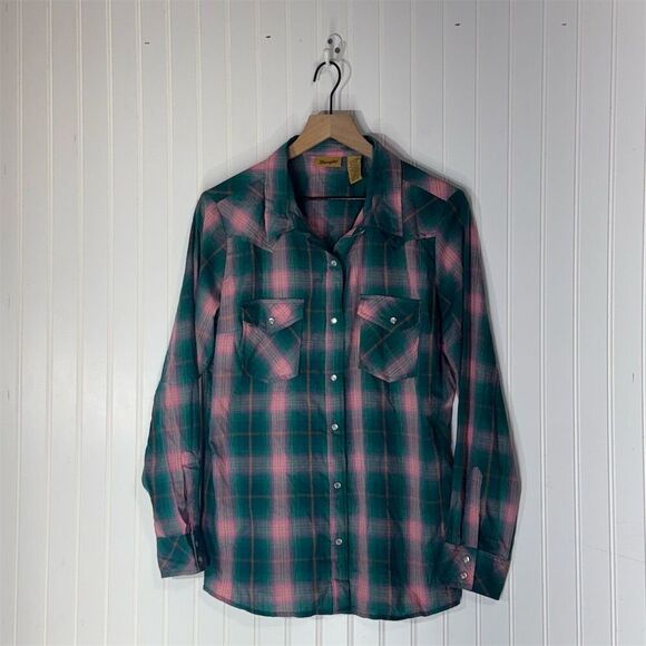 Wrangler L Plaid Western Shirt Pink Teal Pearl Snap Cowboy Core Y2K VTG - Picture 1 of 8